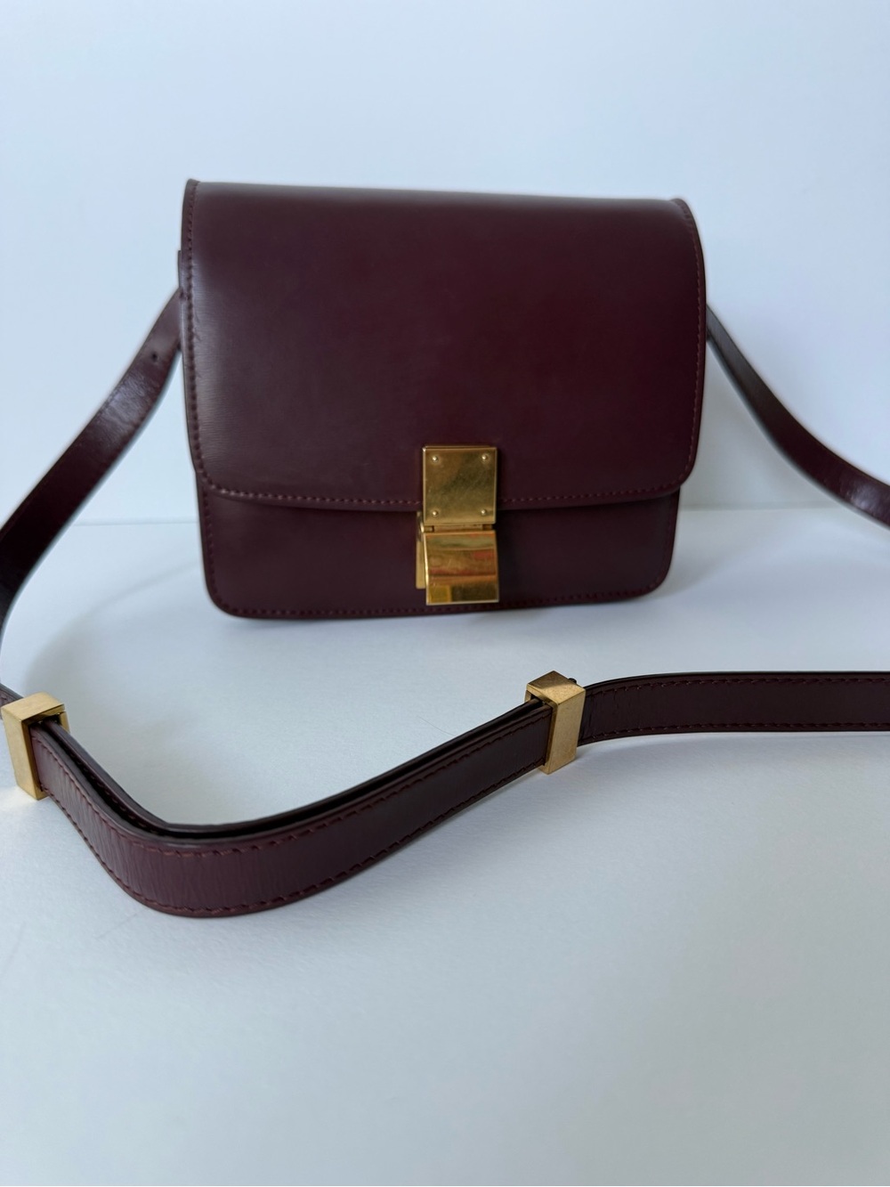Celine Small Burgundy Leather Box Crossbody with Gold Hardware